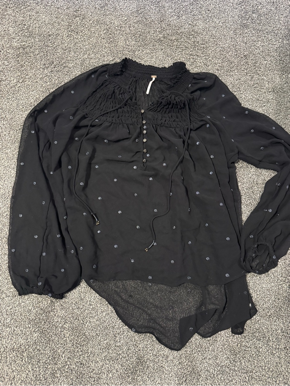 Free People Black Smocked Neck Long-Sleeve Women's Blouse